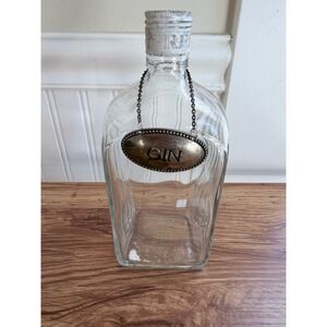 Godinger Gin Decanter Glass Bottle with Silver Tone Hang Tag Label 9" Decor